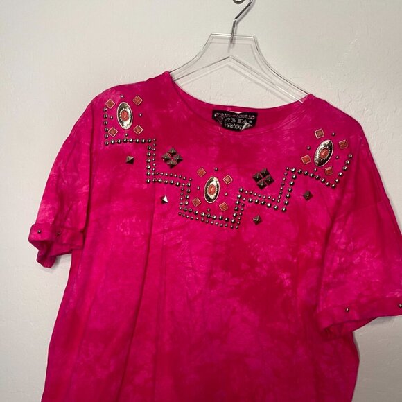 Crystal Hot Pink Studded Jewel Detailed Cuffed Short Sleeve Cotton Top XL - Picture 5 of 5